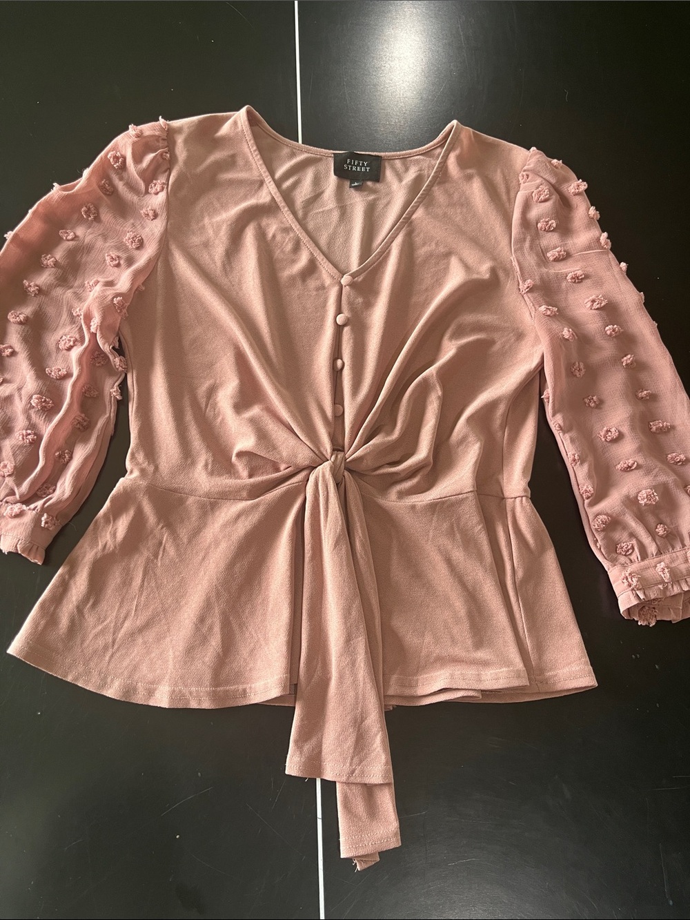 City Streets Dusty Rose Tie-Front Peplum Blouse
